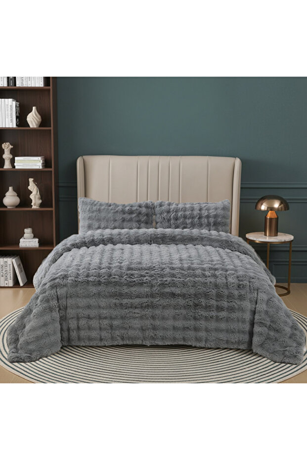 Ultra Soft Plush Gray Double Bedspread Set 220X240 cm – Soft Textured
