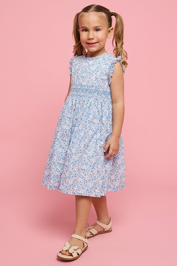 Girl's Blue Floral Print Sleeveless Fit & Flare Dress with Round Neck