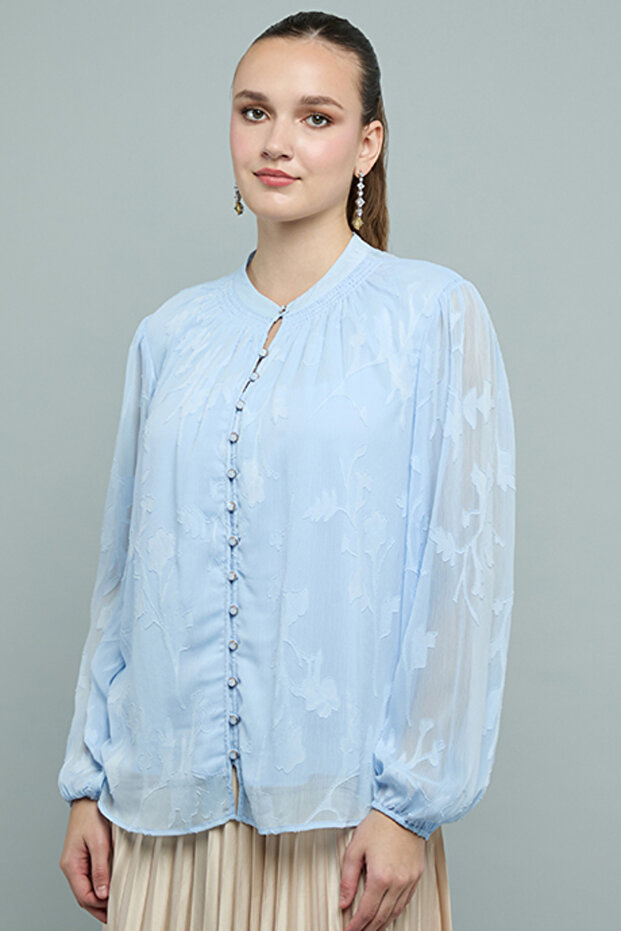 Women's Blue Jacquard Top with Mandarin Collar and Balloon Sleeves