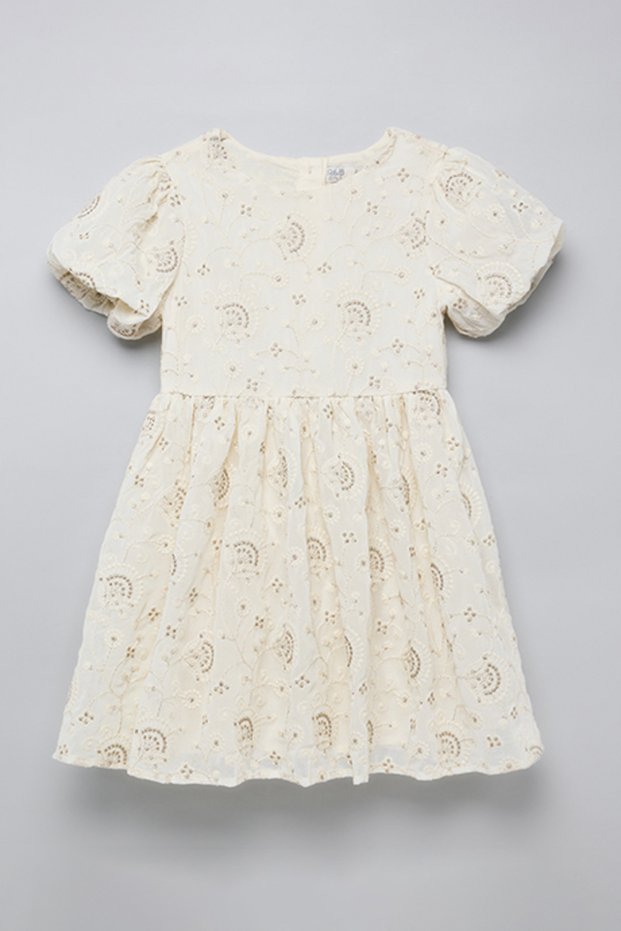Girl's Beige Embroidered Dress with Crew Neck and Puff Sleeves