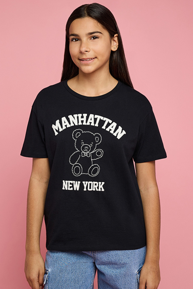 Girl's Black Printed T-Shirt with Crew Neck and Short Sleeves