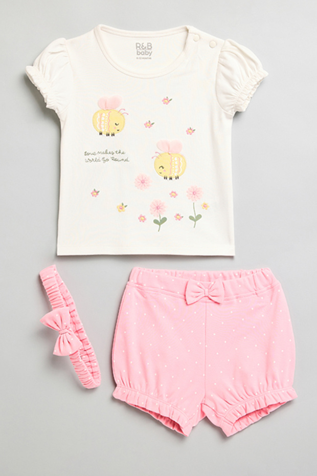 Girl's Cream Printed Clothing Set with Headband