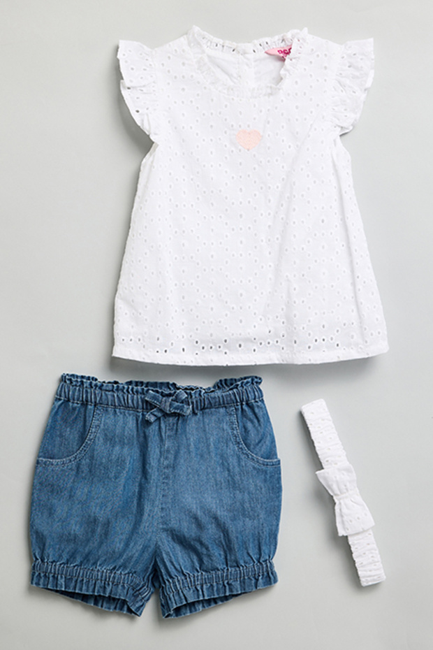 Girl's Cream Printed Clothing Set with Headband