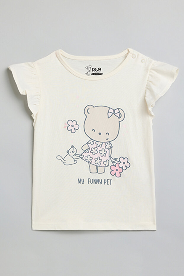 Girl's Cream Printed Top with Crew Neck and Flutter Sleeves
