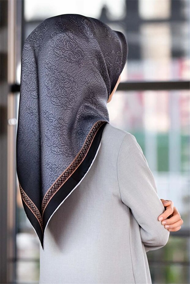 Twill Silk Scarf Black, Silver, Baroque Patterned