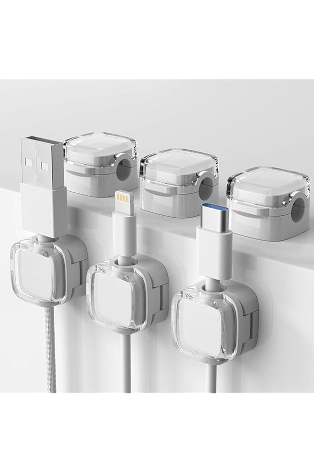 6 PCS Magnetic Cable Clips Adhesive Cable Management Cord - Clear White, Adjustable Charger Cord Hol