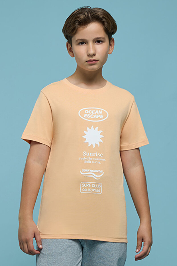 Boy's Orange Printed T-Shirt with Crew Neck and Short Sleeves
