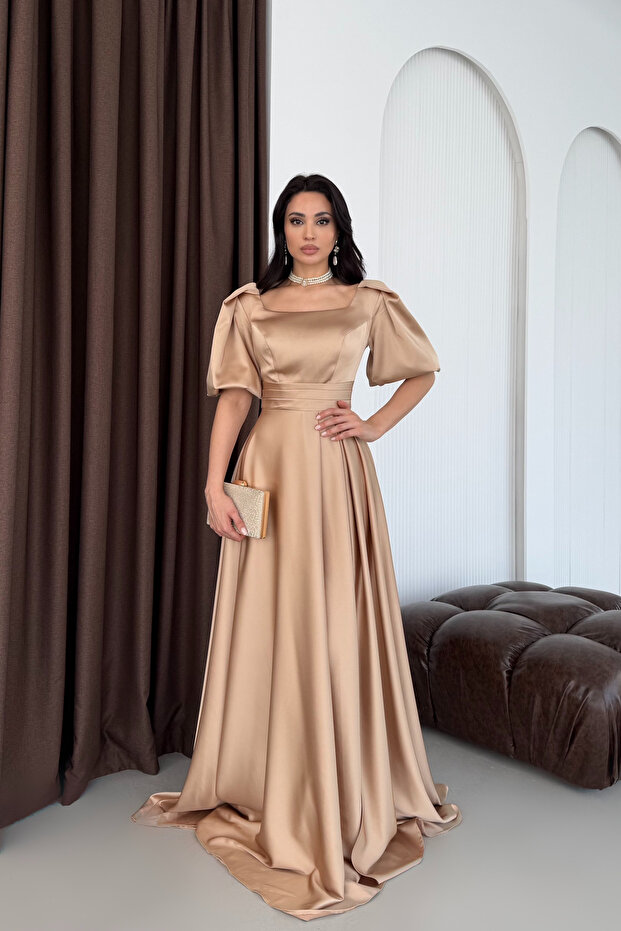 Beige Square Neck Balloon Sleeve Maxi Evening Dress