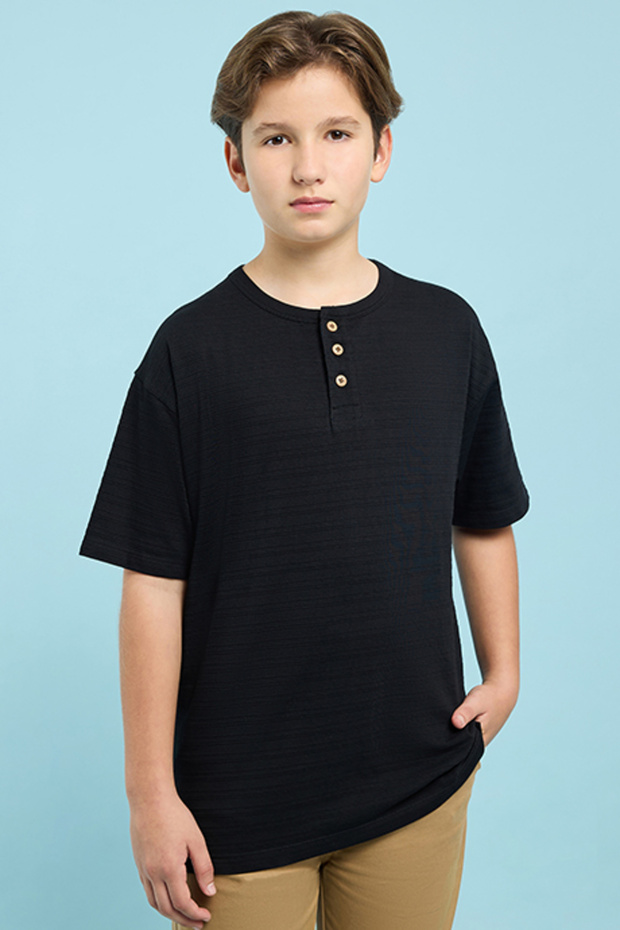 Boy's Black Textured T-Shirt with Henley Neck and Short Sleeves