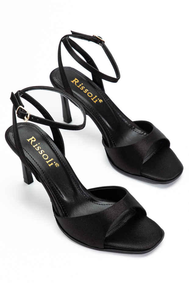 Black Satin Ankle Strap Single Strap Short Heeled Women's Sandals