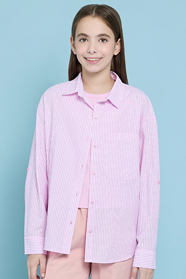 Girl's Pink Ribbed Top & Striped Shirt Set