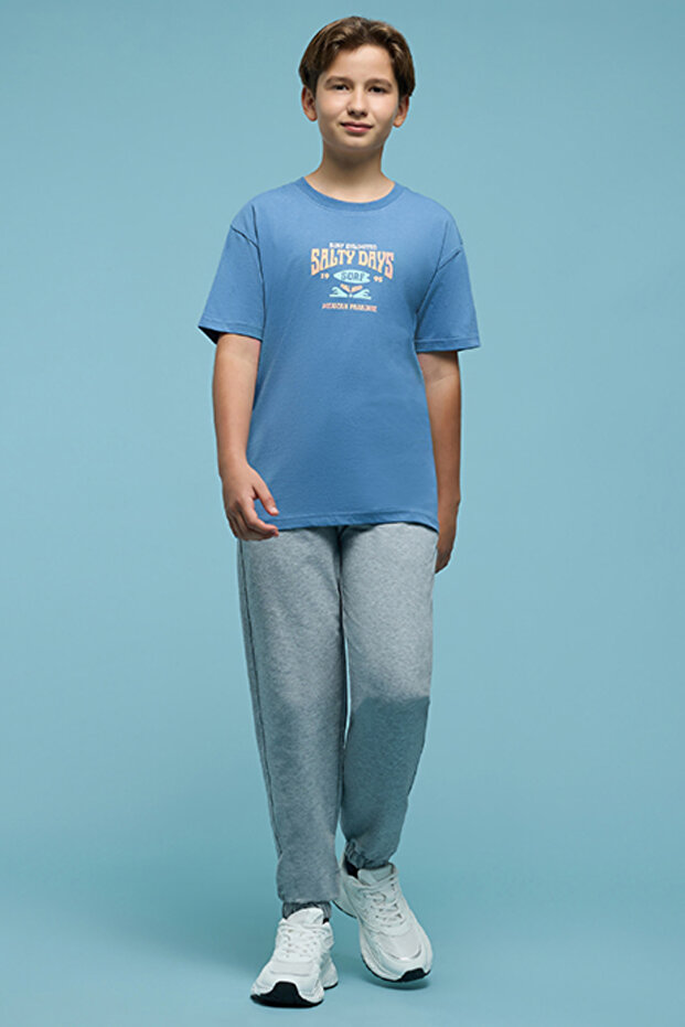 Boy's Blue Printed T-Shirt with Crew Neck and Short Sleeves