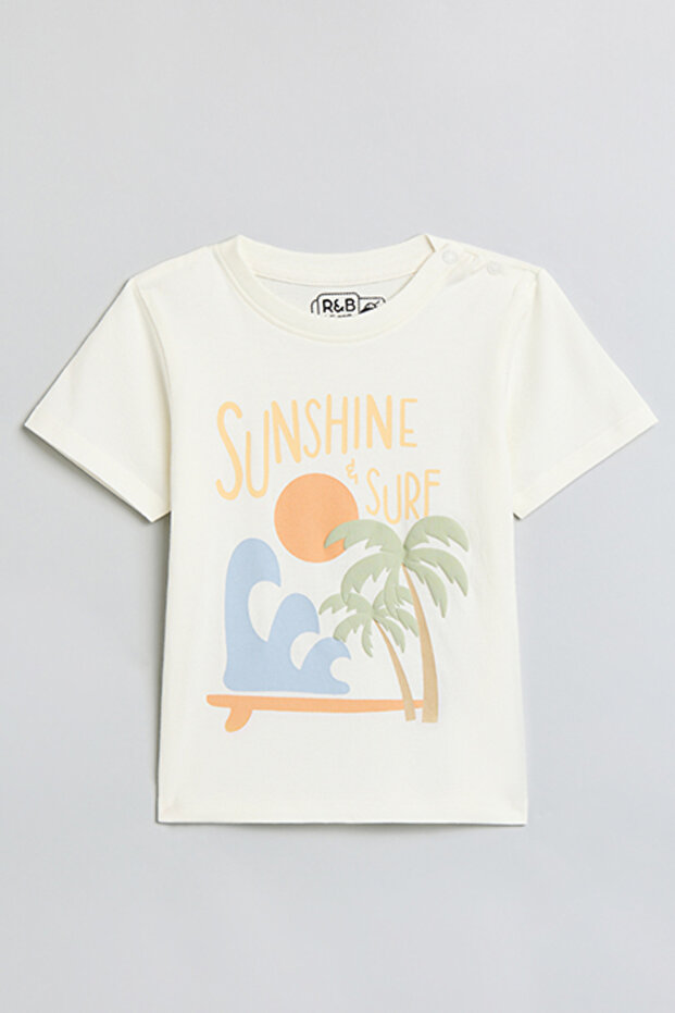 Boy's Cream Graphic Print T-Shirt with Crew Neck and Short Sleeves