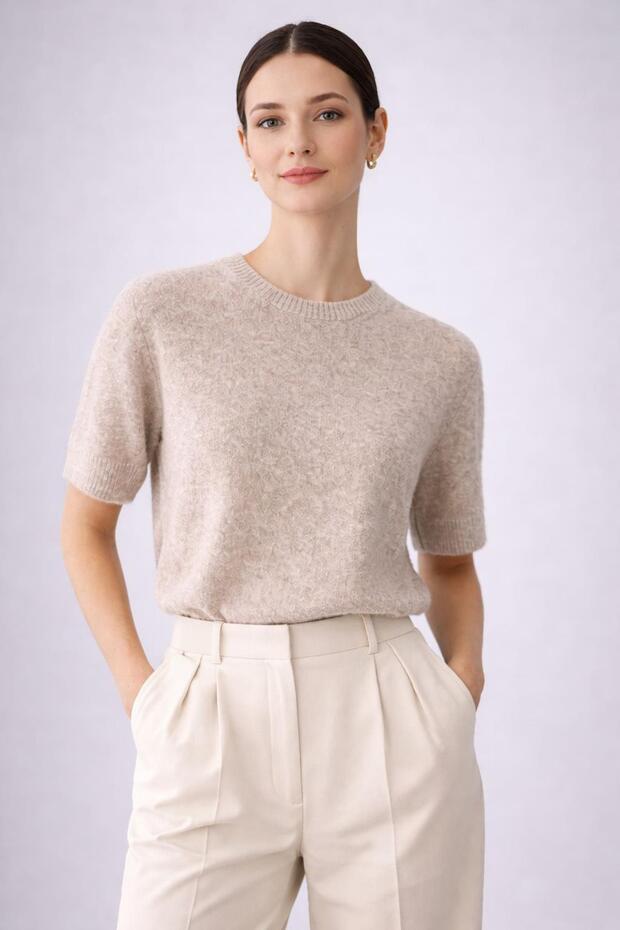 Beige Women's Seasonal Wool Blend Short Sleeve Knitwear Blouse