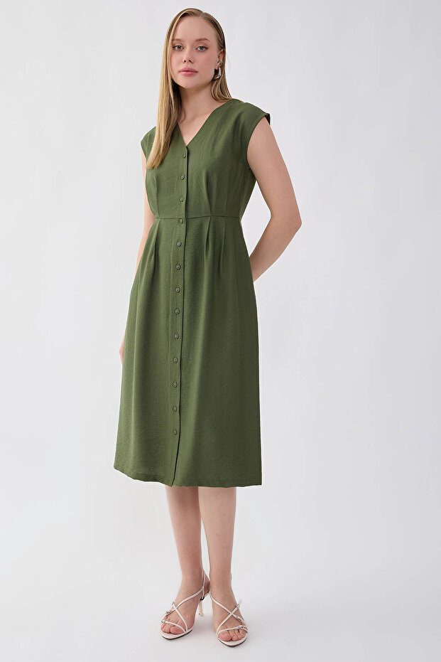 Düğmeli V Yaka Elbise - 2