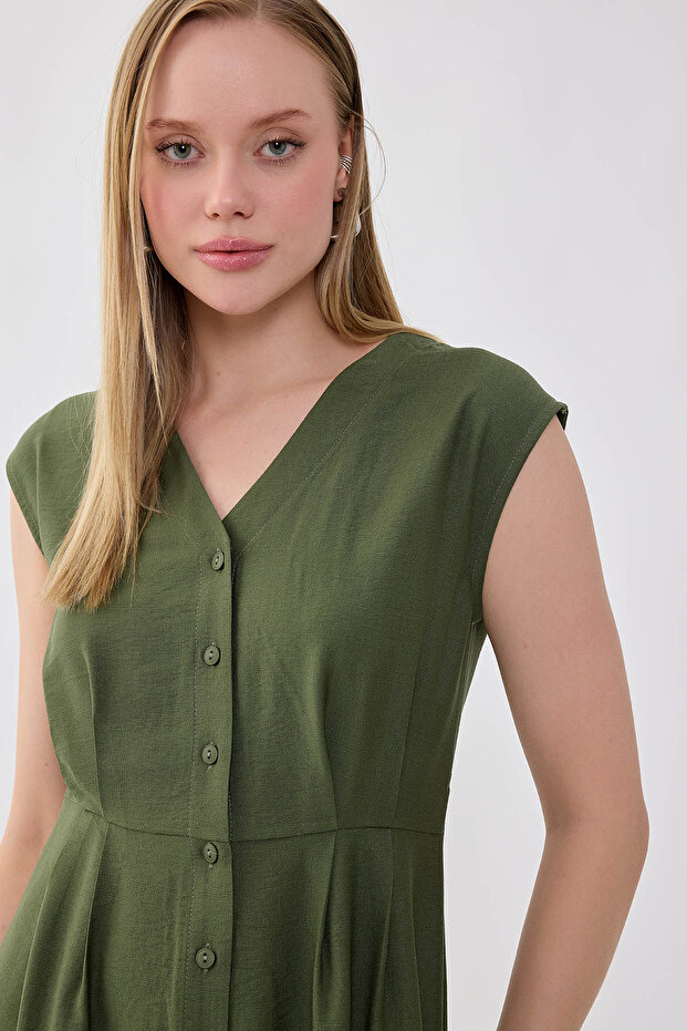 Düğmeli V Yaka Elbise - 6