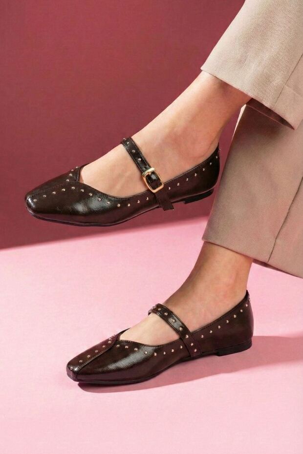 Castana Brown Leather Metal Mini Trocley Gold Buckle Single Strap Ballerinas