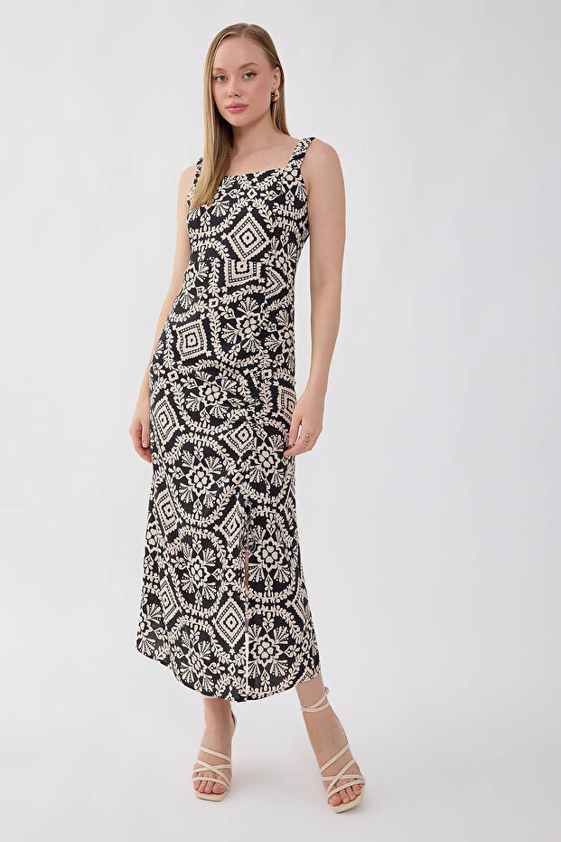 فستان مزين بنقوش ذاتية الصنع مع أربطة أمامية - 1