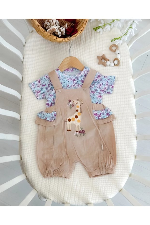Floral Giraffe Embroidered Summer Baby Girl Outfit with Suspenders