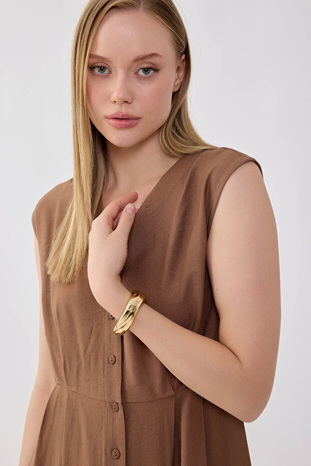 Düğmeli V Yaka Elbise - 7