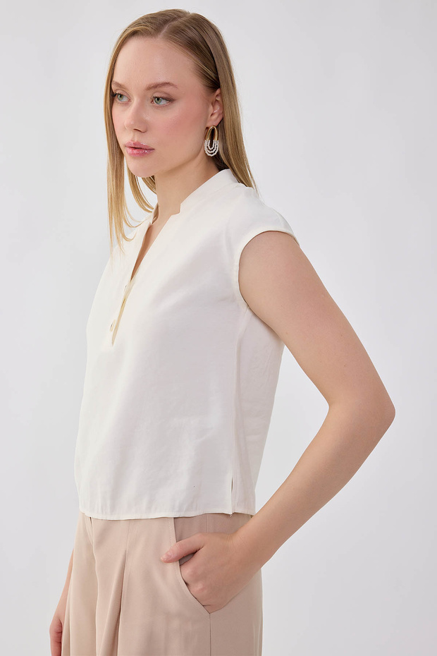 Buttoned Front V-Neck Blouse - 6
