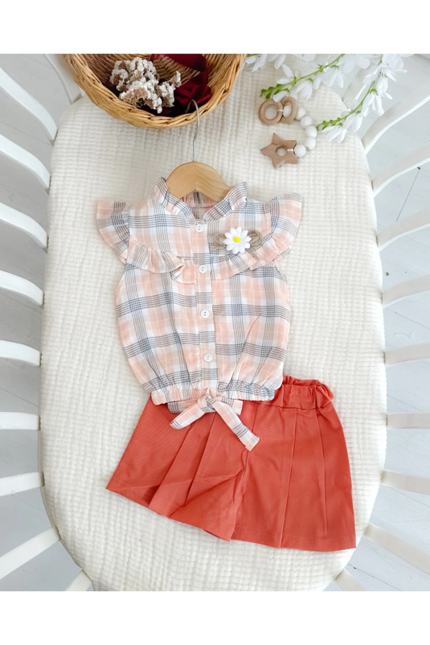 Summer Baby Girl Outfit with Gingham Shirt and Skirt-Like Shorts