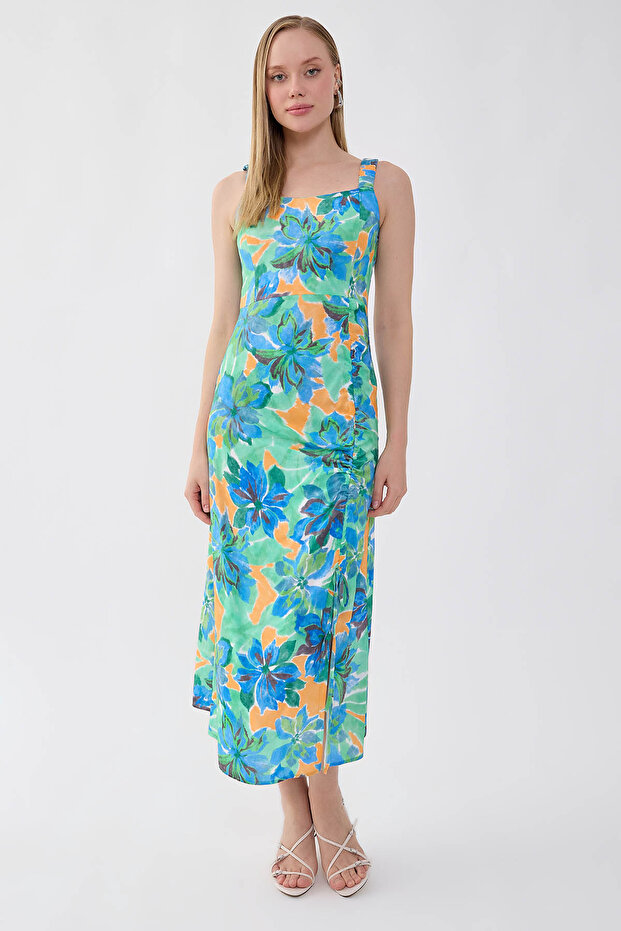 Flower Pattern Gathered Front Dress