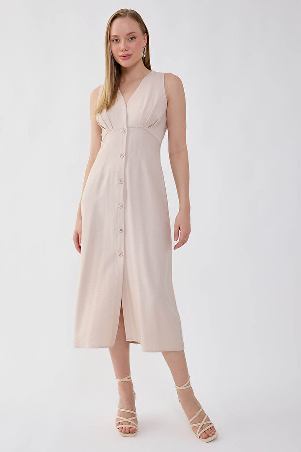V-Neck Buttoned Dress - 1