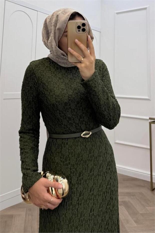 Women's Green Lace Fabric Maxi Length Hijab Dress