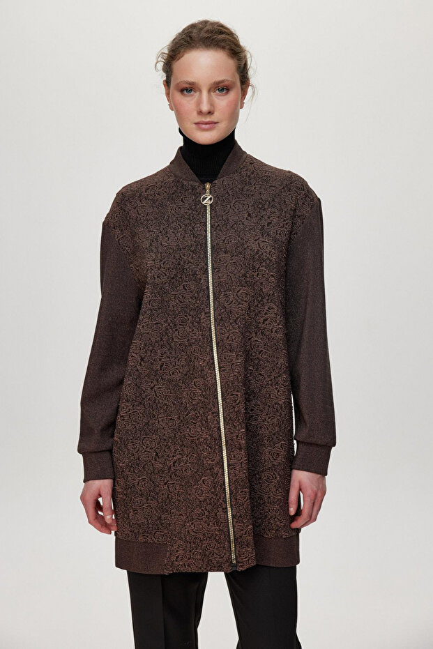 Textured Zipper Detailed Brown Jacket 0164