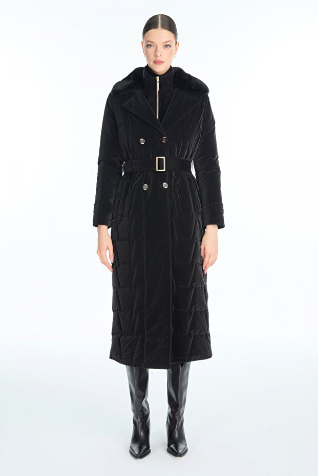 Black Coat with Fur Collar and Belt Detail 13862
