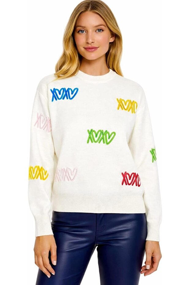 Women’s Embroidered Knit Sweatshirt – Long Sleeve Crew Neck Casual Pullover