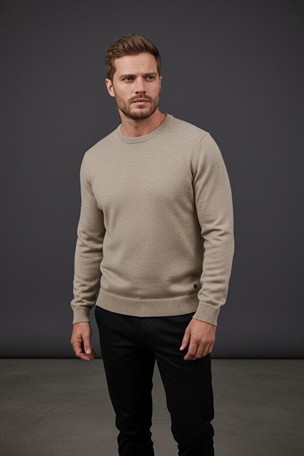 İnterview 0 Yaka Yünlü Kırçıllı Camel Triko Kazak - 4