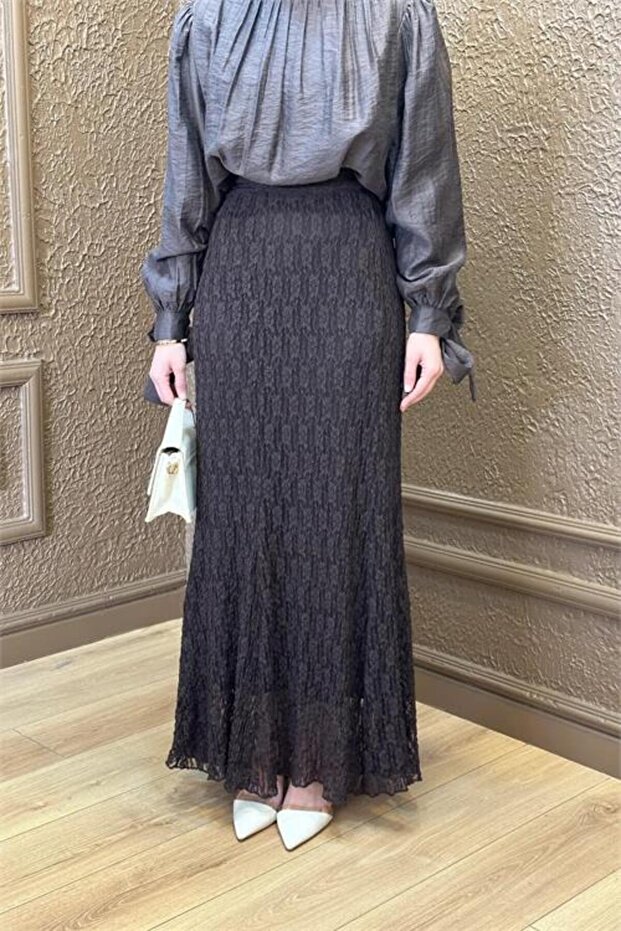 Women's Brown Lace Fabric Maxi Length Hijab Skirt