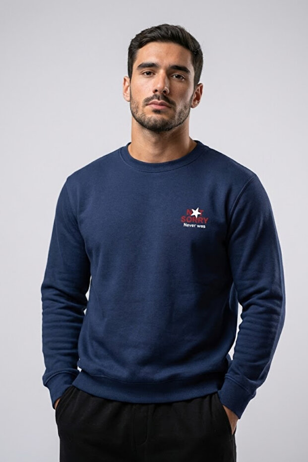 Men's Navy Blue Sweatshirt with Chest Text Print