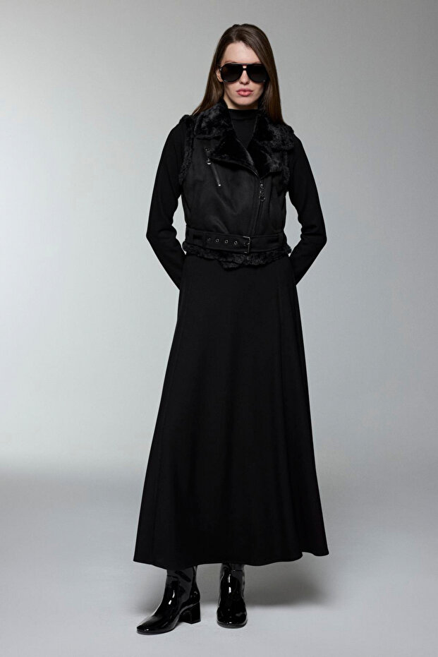 Plush Detailed Dress Vest Black Set 1653