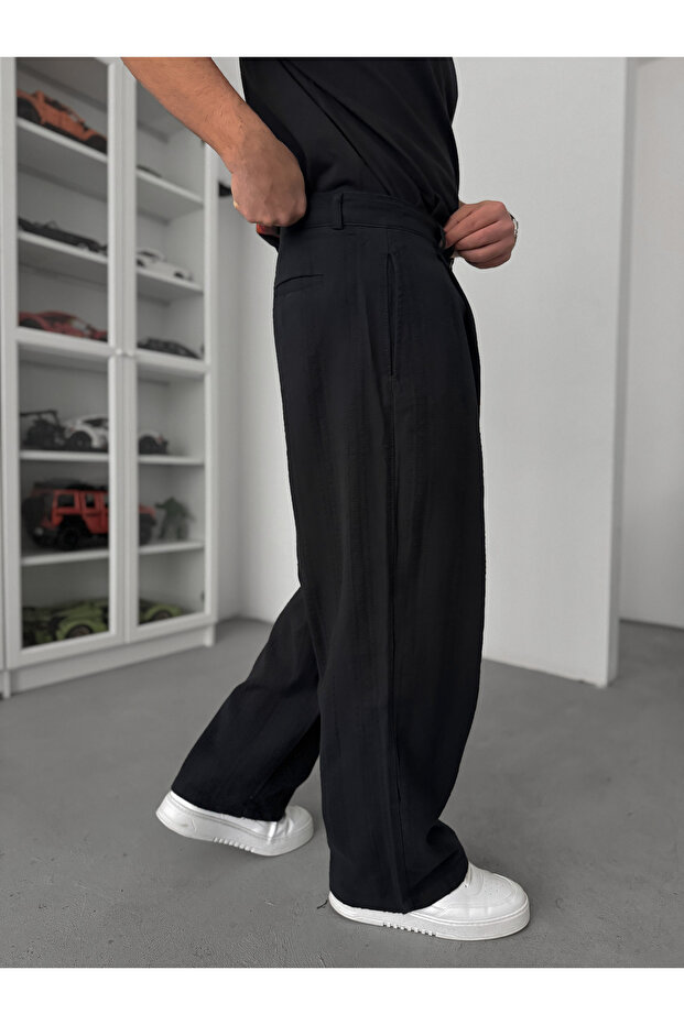 Siyah Örgü Şeritli Baggy Pantolon C-01 - 3