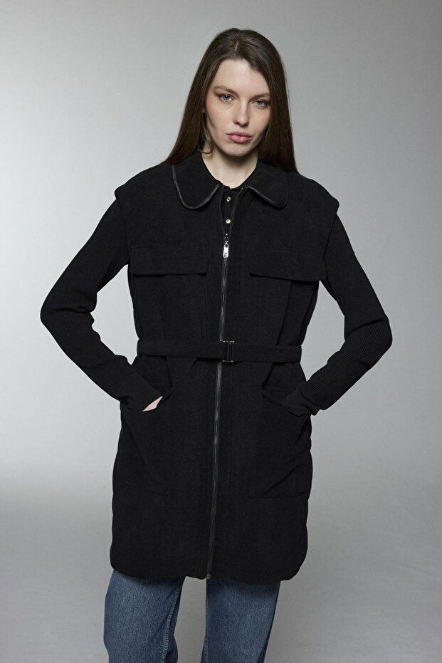 Belted Black Vest with Pocket Detail 0097
