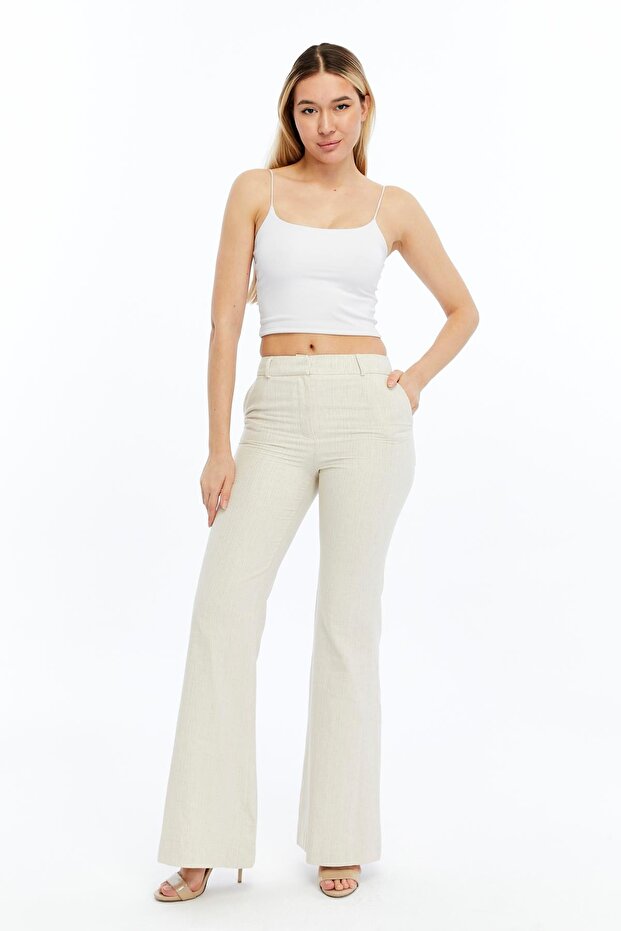 Kadın Keten İspanyol Paça Pantolon - 4