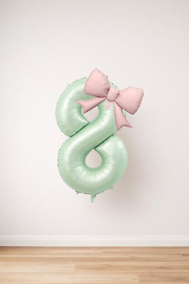 Pink Bow & Sage Green Number 8 Foil Balloon Set