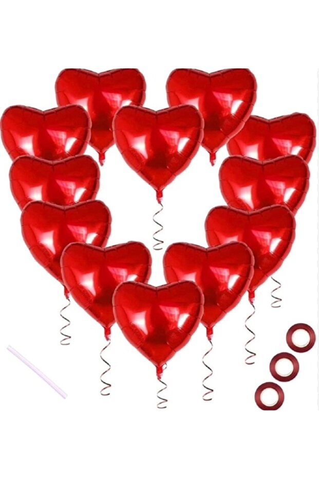 Helyuma Compatible Foil Heart Balloon and Raffia Set of 12