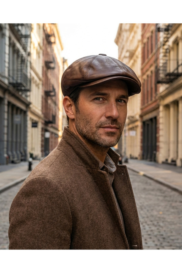 100% Genuine Leather 8 Corner Cap Hat - Peaky Blinders Style Elastic Men's Hat