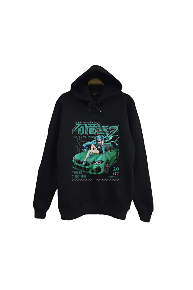 Hatsune Miku Anime Printed Unisex 100% Cotton Black Hooded Sweatshirt