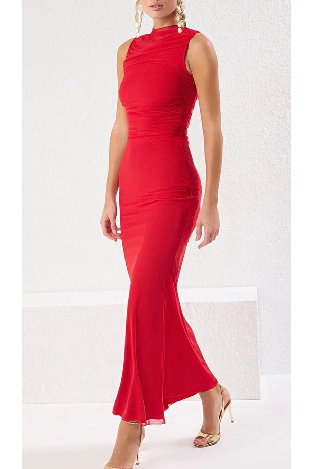 Red Bodycon Lined Tulle Knitted Dress 1676