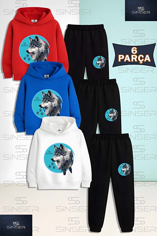 Children's Unisex Wolf Gray Turquoise Canvas 3-Piece Hooded Tracksuit Set