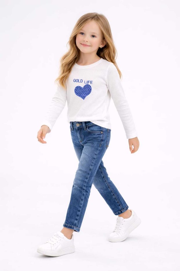 Girl's Heart Embroidered Combed Cotton Top with Elastic Waist Jeans 2-Piece Set