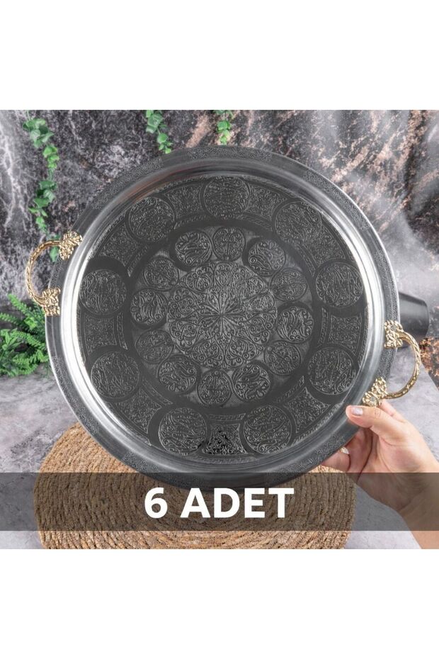 430 Quality Chrome Steel Tray with Handles, 6 Pcs, 35 cm – Ottoman Motif, Kebap & Restaurant Presentation Tray