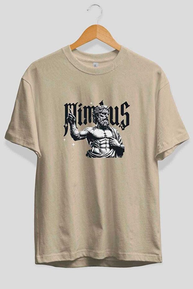 Mimbus Zeus Front Printed Beige Oversize T-Shirt Men Women Cotton Crew Neck T-Shirt
