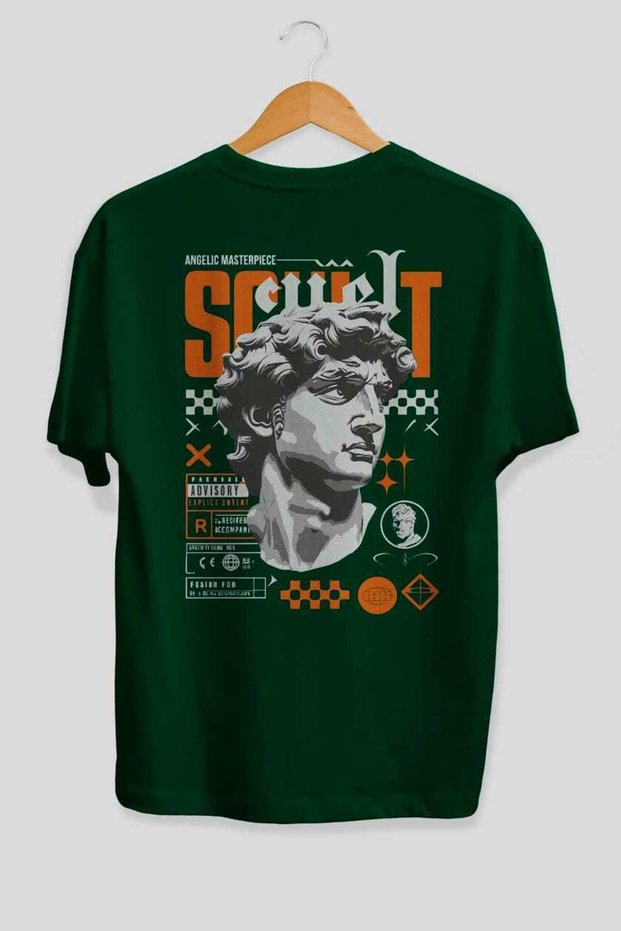 Scult Back Printed Green Oversize T-Shirt Men Women Cotton Crew Neck T-Shirt
