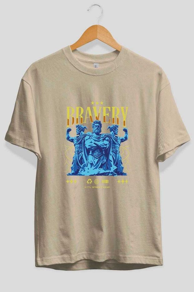 Bravery Front Printed Beige Oversize T-Shirt Men Women Cotton Crew Neck T-Shirt